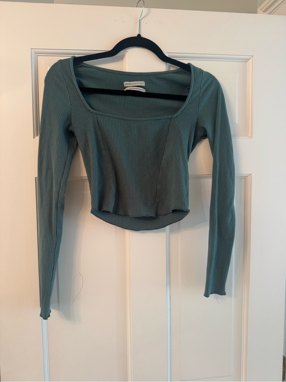 Urban Outfitters Ribbed Square-Neck Long Sleeve Crop Top - Teal Green